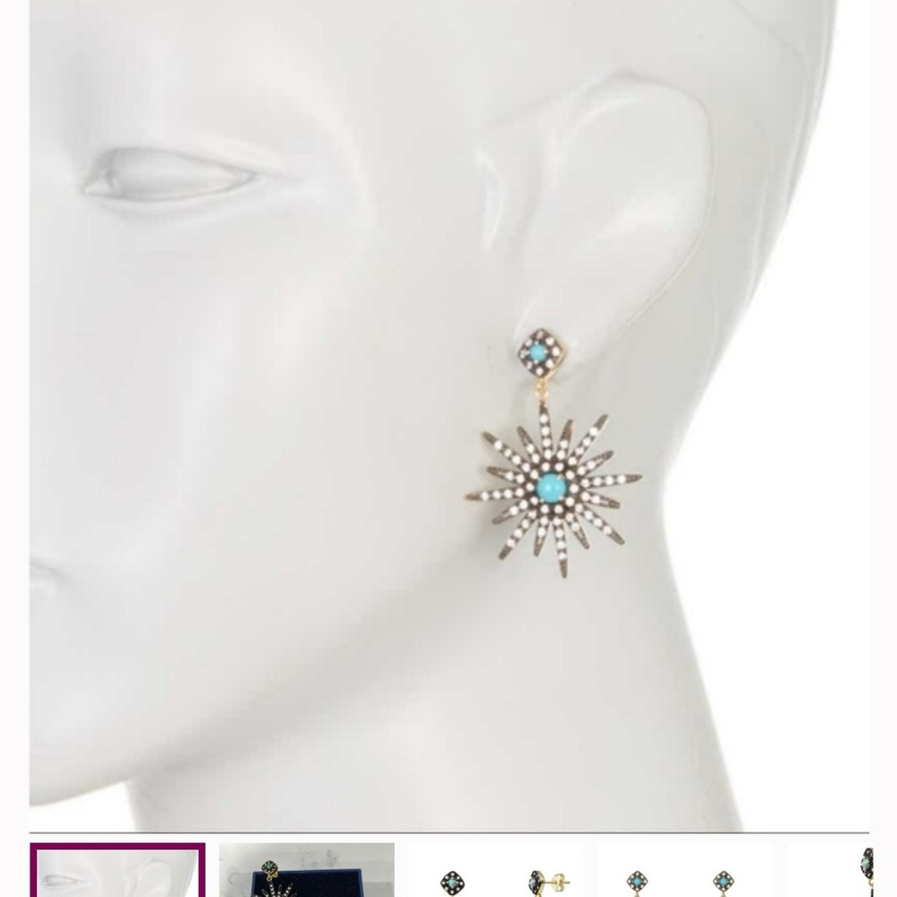 14 Karat gold cabochon turquoise swarovski crystal starburst gunmetal earrings